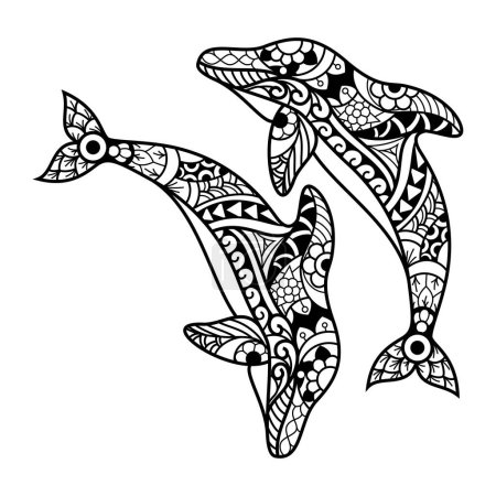 Téléchargez les photos : Dessin à la main de dauphins sautant dans le style zentangle - en image libre de droit