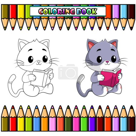 Foto de Caricatura de gato leyendo un libro para colorear libro - Imagen libre de derechos