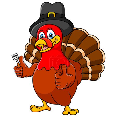 Photo for Thanksgiving turkey mascot holding fork and wearing a pilgrim hat - Royalty Free Image