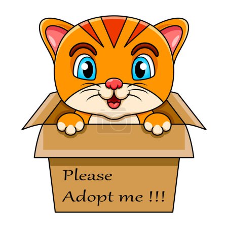 Téléchargez les photos : Mignon dessin animé chat dans la boîte cadeau présent avec le texte m'adopter s'il vous plaît - en image libre de droit
