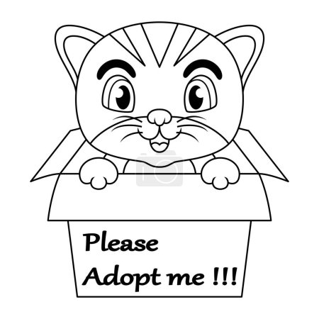 Téléchargez les photos : Mignon chat dessin animé dans cadeau boîte avec texte m'adopter s'il vous plaît ligne art - en image libre de droit
