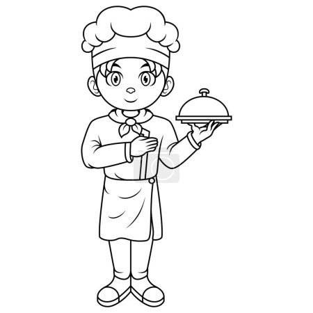 Cartoon little boy chef holding a silver tray line art