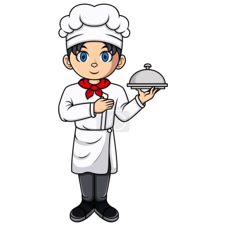 Cartoon little boy chef holding a silver tray