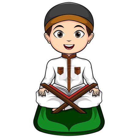 Cartoon muslim boy reading Quran