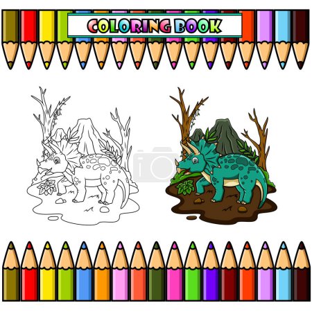 Illustration for Cartoon triceratops in the jungle for coloring book - Royalty Free Image