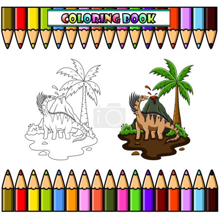 Ilustración de Dibujos animados bajadasaurus en la selva para colorear libro - Imagen libre de derechos
