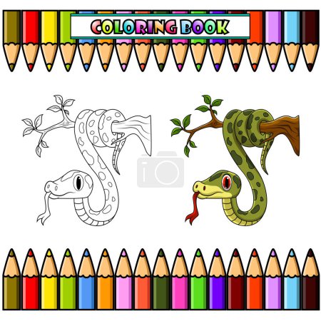Téléchargez les illustrations : Serpent vert sur branche d'arbre pour livre à colorier - en licence libre de droit