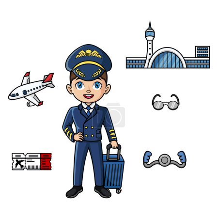 Joven en uniforme de piloto o capitán de aerolínea con elemento objeto de elementos del aeropuerto