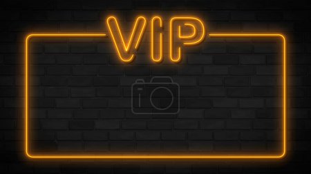 Signo de neón aislado realista del logotipo del marco VIP para la decoración y el revestimiento en el fondo de la pared. Concepto de lujo y VIP.