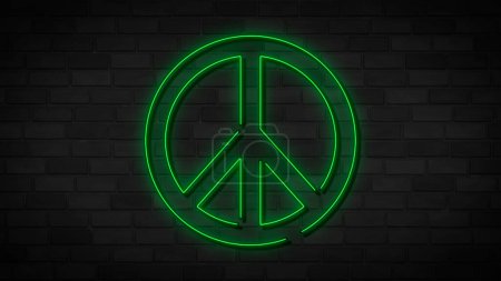 Téléchargez les photos : Emblème de paix vert néon signe sur le mur de briques. Rond, cercle. Grande illustration dans le style néon pour les bannières lumineuses, panneaux publicitaires légers, flyers gay pride. - en image libre de droit