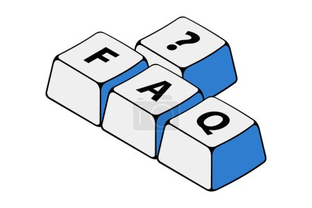 Ilustración de Botones de teclado isométricos con signo de interrogación y FAQ (preguntas frecuentes). FAQ palabra escrita con botones del teclado de la computadora. Teclas de teclado. Ilustración vectorial. - Imagen libre de derechos