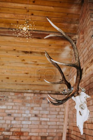 Foto de Boda británica en granero, decoración del cráneo, estilo gótico, decoración de la ceremonia de boda - Imagen libre de derechos