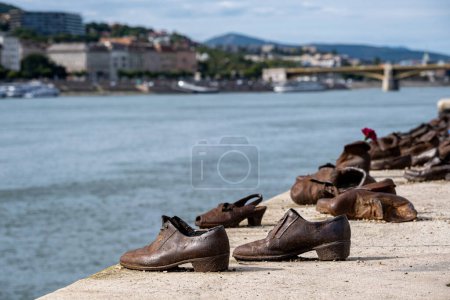 Photo for Budapest, Hungary - 1st September 2022: Shoes on the Danube Bank Memorial - Royalty Free Image