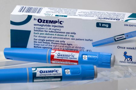 Photo for Montreal, CA - 16 November 2023: Ozempic semaglutide injection pens and box. Ozempic is a medication for obesity - Royalty Free Image
