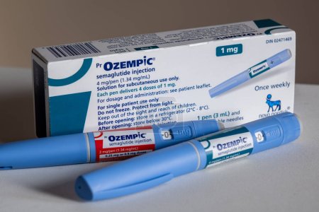 Photo for Montreal, CA - 25 November 2023: Ozempic semaglutide injection pens and box. Ozempic is a medication for obesity - Royalty Free Image