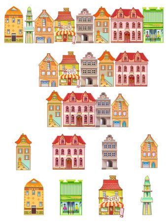 Illustration for Set of 8 Amsterdam old houses cartoon facades. Traditional architecture of Netherlands. Colorful flat isolated illustrations in the Dutch - Royalty Free Image