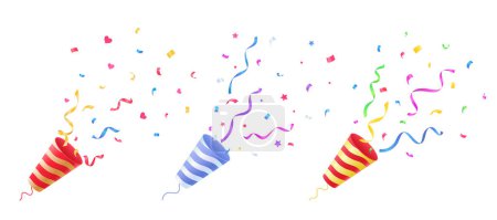 Illustration for Flappers with colorful pieces of confetti and serpentine ribbons. Festive explosion, fireworks on  white background. - Royalty Free Image
