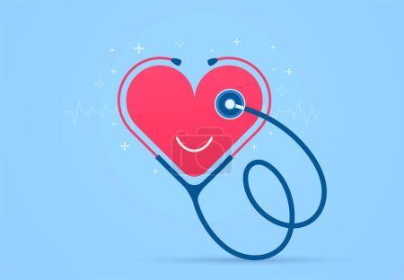 Téléchargez les illustrations : Red heart with doctor's stereoscope on a blue background. Health care and healthy lifestyle concept. Cardiac help, heartbeat pulse line. - en licence libre de droit