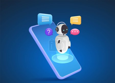 Ilustración de Chat bot on a smartphone, an AI assistant robot for communicating with users. Concept of virtual assistant to provide information, get help, ask a question get an answer. - Imagen libre de derechos