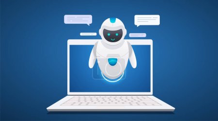 Illustration for AI digital chat bot, intelligent conversation assistant on laptop. Artificial intelligence talking, answering questions. Concept internet helper for dialogue. - Royalty Free Image