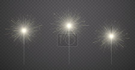 Illustration for Bengal fire on transparent background. Set of New Year's sparkler candles. Glowing Christmas sticks. - Royalty Free Image
