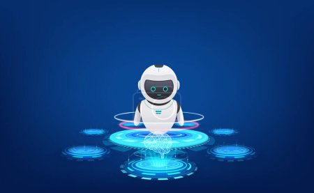 Téléchargez les illustrations : Assistant robot 3D holographique numérique avec un réseau neuronal d'un cerveau numérique. Intelligence artificielle intelligente pour l'automatisation et la communication. - en licence libre de droit