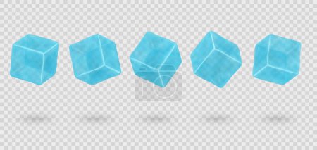 Blue ice cubes on transparent background. Transparent 3D frozen crystal pieces.