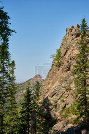 Rocas rodeadas de bosque de coníferas. verano en taiga, parque nacional en Siberia. Foto vertical de alta calidad