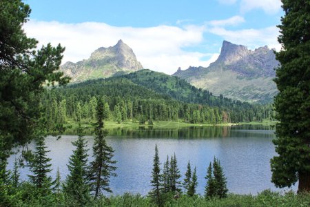 Shore of large mountain lake Svetloye, Zvezdnyy and Pittas peaks, surrounded by green coniferous forest, in Ergaki nature park. Summer landscape at good weather. Place for alpinism, hiking, travel
