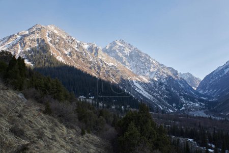 Natural landscape in Ala-Archa National Park in Kyrgyzstan. High rocky mountains with snow, illuminated by the warm setting sun. Coniferous forest in the shade. 