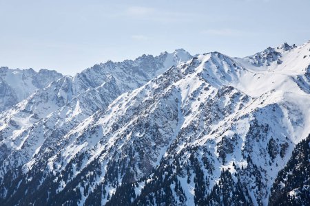 Paisaje de la garganta de Karakol. Invierno en montañas de Kirguistán. Cordillera, picos nevados, frontera entre bosque y tierras altas. Fondo de paisaje natural. Países de Asia Central. 