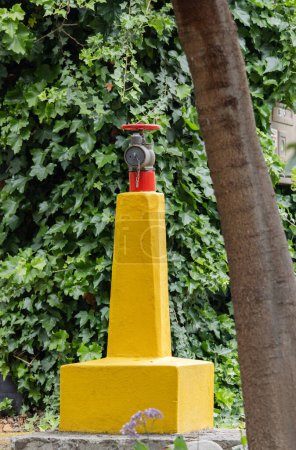 Unusual red fire hydrant on large concrete yellow pole, against backdrop of green foliage on grounds of hotel in South Africa. Ensuring fire safety, Protection of territory and buildings from fires