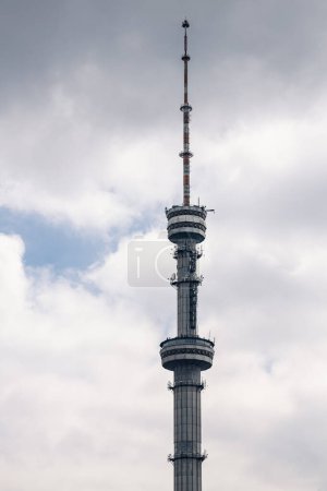 Koktobe Television and radio broadcast tower in Almaty, Kazakhstan. TV towers against the background of a cloudy sky
