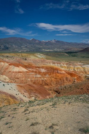 Pintoresco cañón con montañas de diferentes colores: rojo, amarillo, naranja, blanco. Tracto de Kyzyl-Chin, Altai Mars. famoso hito. paisaje alienígena. Foto vertical