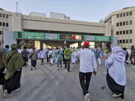 Photo for JUNE 29, 2023 - MINA, KINGDOM OF SAUDI ARABIA (KSA) : Asian hajj pilgrims mostly Indonesians and Malaysians walk on to stoning the devils (jamarat) complex in Mina, Saudi Arabia. - Royalty Free Image