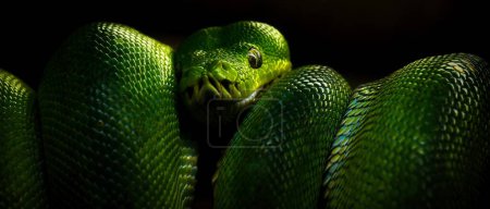 Foto de Serpiente verde y ojo sobre fondo negro - Imagen libre de derechos