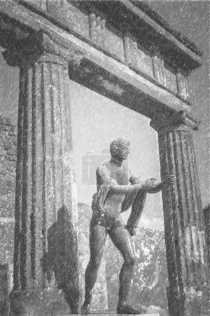 Pencil drawing of Pompeii, ancient roman statue of apollo the ruined town of Pompeii in italy