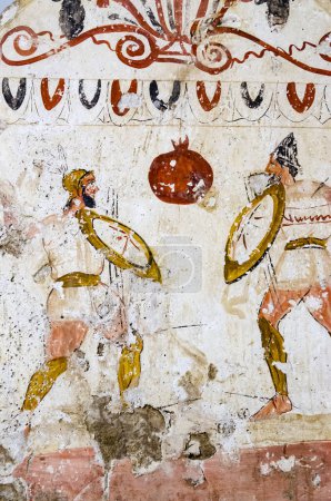 Paestum, antike Fresken im Grab der kämpfenden Krieger, 500 v. Chr. in der Nekropole von Pestum in Italien