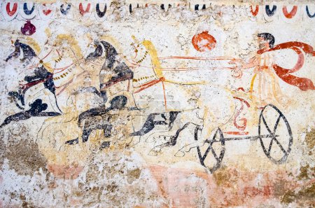 Paestum, antike Fresken im Grab eines Soldaten zu Pferd, Italien