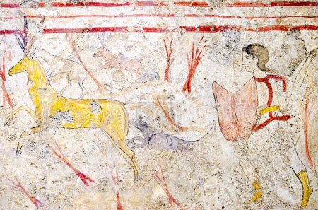 Paestum, frescos antiguos en la tumba de guerreros combatientes, 500 aC. en la necrópolis del Pestum de Italia