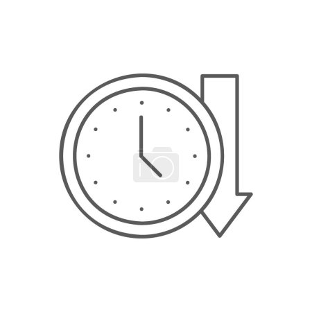 Horloge avec flèche vers le bas, icône de ligne historique. Conception de symboles de gestion du temps. Isolé sur fond blanc.