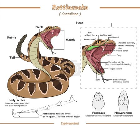 Illustrazione per Anatomia esterna di un serpente a sonaglio.Pronto all'uso, facile da modificare, pronto da stampare, vettorio.Infografica a sonagli, anatomia esterna a sonagli.. - Immagini Royalty Free