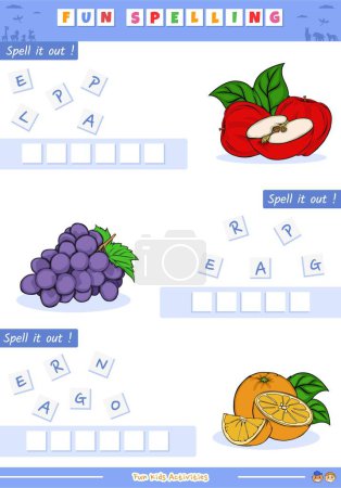 Photo for Fun spelling game fruits for kids.Ready to print, easy to edit, ready to use.fun spelling scrambled words.Spelling puzzle words. - Royalty Free Image