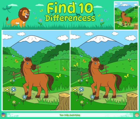 Find differences game for kids.Total 10 differences.Ready to print, easy to edit, vector.finding differences game animals.Horse cartoon.