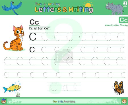 Ilustración de Letras de aprendizaje divertido y escritura alfabeto c.Fun aprendizaje de escritura con gato cartoon.vector, listo para imprimir, fácil de edit.fun aprendizaje de la escritura. - Imagen libre de derechos