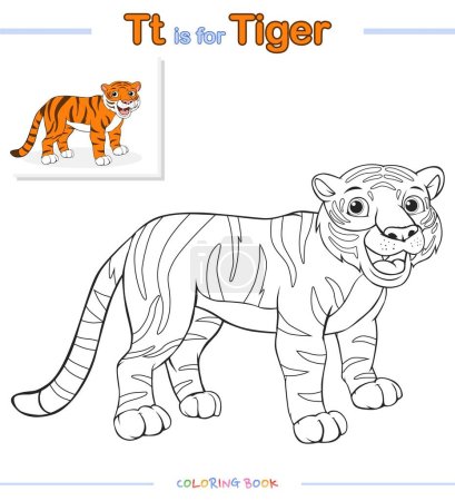 Photo for Coloring page animal Tiger cartoon.vector, ready to use, ready to print, easy to edit.fun coloring with animal alphabet letter.cartoon look, basic, level 1. - Royalty Free Image