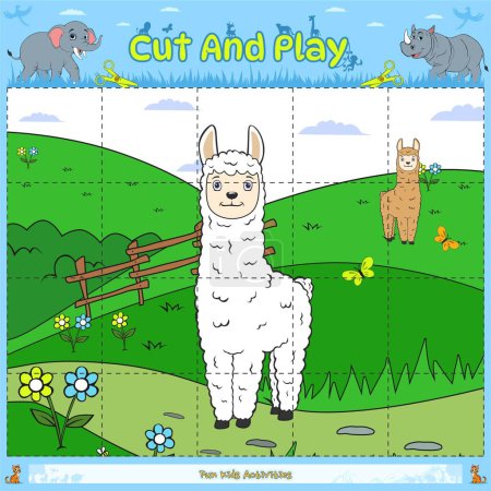 Photo for Cut and play puzzle animal game.Ready to use, ready to print, easy to edit, vector, background.fun puzzle animal game.Alpaca cartoon. - Royalty Free Image