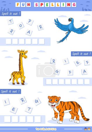Photo for Worksheet for kids. spelling scrambled words of animal names. vector, ready to use, ready to print. - Royalty Free Image