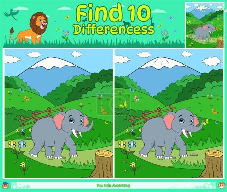 Téléchargez les illustrations : Trouvez les différences jeu pour les enfants avec dessin animé éléphant dans la prairie. - en licence libre de droit