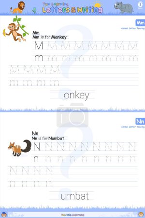 Photo for Children's English alphabet tracing practice worksheet with letters M to N for kids learning English vocabulary and handwriting. Monkey and numbat cartoon. - Royalty Free Image